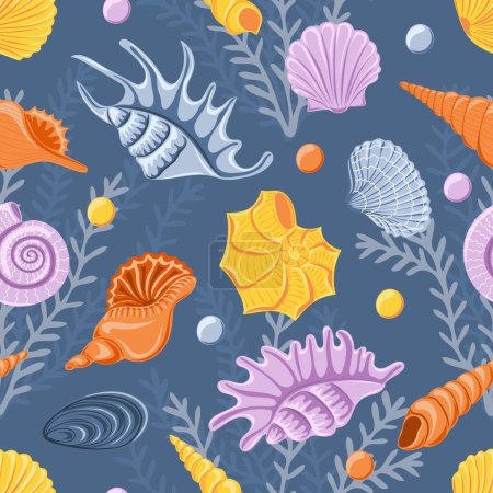 Téléchargez les illustrations : Seamless pattern with different  shells. Marine dwellers. Concept of sea and ocean life. Modern print for fabric, textiles, wrapping paper - en licence libre de droit