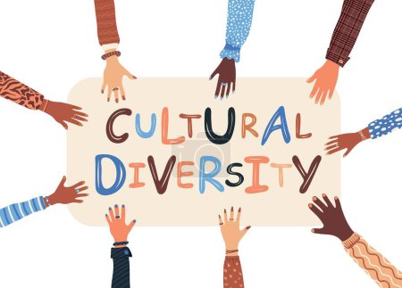 Téléchargez les illustrations : Diverses mains humaines tenant une banderole avec du texte Diversité culturelle - en licence libre de droit
