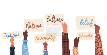Illustration for Diverse human hands holding banners with text . Cultural ethnicity diversity concept - Royalty Free Image