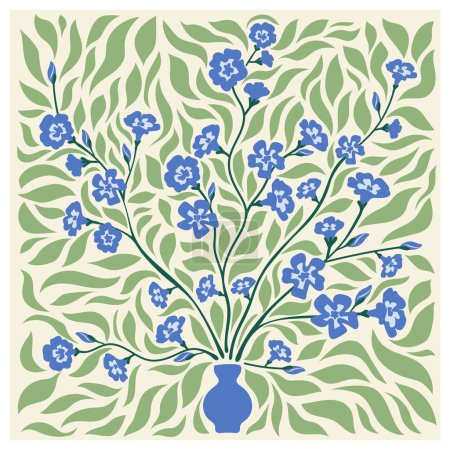 Illustration for Floral retro poster with periwinkles.Trendy hand drawn flowers infantile style. Seventies, groovy background.Matisse curves aesthetic - Royalty Free Image