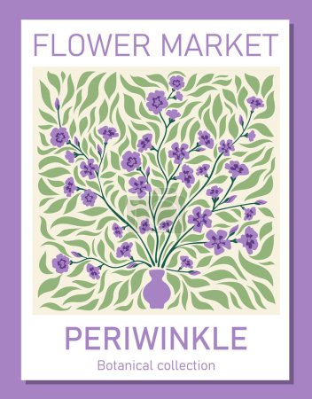 Illustration for Trendy botanical wall art of periwinkle. Flower market poster concept template perfect for postcards, wall art, banner - Royalty Free Image