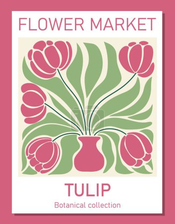 Ilustración de Arte de pared botánica de moda de los tulipanes. Plantilla de concepto de cartel del mercado de flores perfecta para postales, arte de la pared, pancarta - Imagen libre de derechos