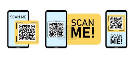 Illustration for QR code on smartphone screen with scan me text. Qr code for payment, e-wallet, web, mobile app. UI UX design element. Barcode scan for smartphone - Royalty Free Image