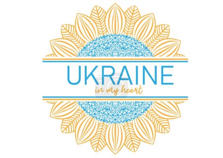 Ukraine in my heart. Sunflower mandala in blue and yellow colors of ukrainian flag. Modern design for posters, banners, cards, t shirts