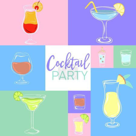 Illustration for Cocktail party banner with summer cocktails. Motivational print for poster, textile, card. Summer holidays and travel concept - Royalty Free Image