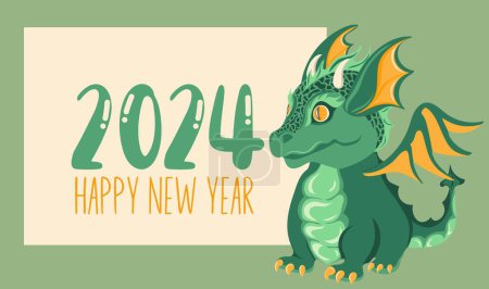 Illustration for New year banner with cute baby dragon cartoon. Green Dragon symbol of 2024 year. - Royalty Free Image