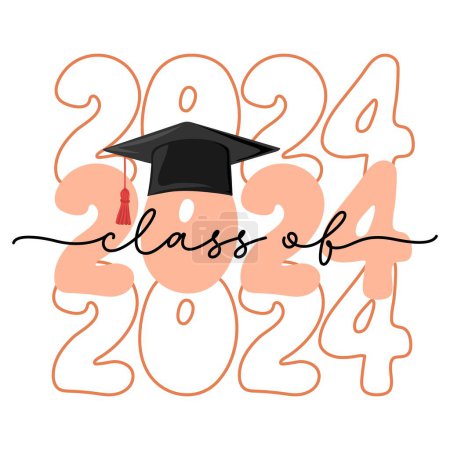 Illustration for Class of 2024, congratulations. Handwritten text with graduation cap - Royalty Free Image