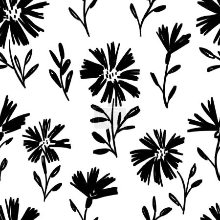 Illustration for Meadow flowers seamless pattern. Black on white ink drawing floral design. Modern print for textile, fabric, wallpaper, wrapping, scrapbook and packaging - Royalty Free Image