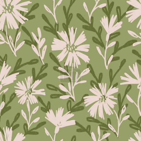 Illustration for Meadow flowers seamless pattern. Ink drawing floral design. Modern print for textile, fabric, wallpaper, wrapping, scrapbook and packaging - Royalty Free Image