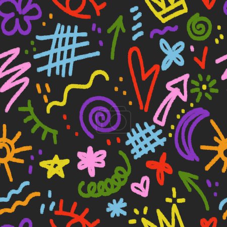 Seamless pattern with charcoal doodle shapes. Childish or funny sketches. Modern print for textile, fabric, wallpaper, wrapping, scrapbook and packaging