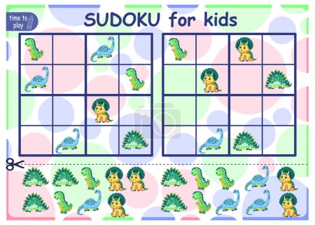 Téléchargez les illustrations : Résolvez le puzzle du sudoku. Puzzle logique pour les enfants. Jeu éducatif pour les enfants. Conception vectorielle de feuille de calcul pour les écoliers. dinosaure - en licence libre de droit