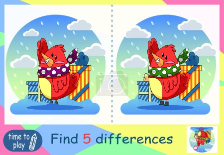 Illustration for Children's educational game. logic game. coloring book. find the difference. New Year. Christmas. red bird with a gift - Royalty Free Image
