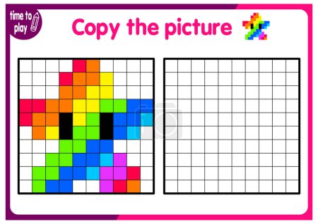 Illustration for Copy the image and add the grid image. Study sheets showing squares. Preschool coloring pages, children's games. Pixel cartoon, vector illustration. star - Royalty Free Image