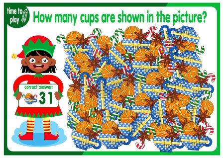 Zählen Sie, wie viele Tassen im Bild versteckt sind. Wie viele Objekte sind auf dem Bild zu sehen? Lernspiel für Kinder. Bunte Zeichentrickfiguren. Lustige Vektorillustration.