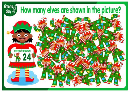 Zählen Sie, wie viele Elfen auf dem Bild versteckt sind. Wie viele Objekte sind auf dem Bild zu sehen? Lernspiel für Kinder. Bunte Zeichentrickfiguren. Lustige Vektorillustration.