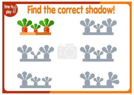 Illustration for Tasks for children's development. logical problems. find the right shadow. carrots, bed - Royalty Free Image