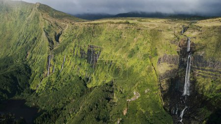 Azores landscape with waterfalls and cliffs in Flores island. Portugal.