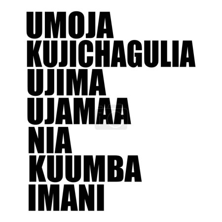 Sieben Prinzipien des Kwanzaa-Vektor-Schriftzugs. T-Shirt, Plakatdruck. Suaheli Übersetzung - Einheit, Selbstbestimmung, kollektive Verantwortung, kooperative Wirtschaft, Zweck, Kreativität und