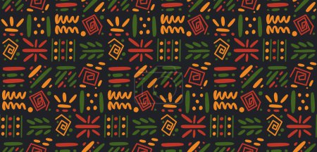 African clash ethnic tribal seamless pattern background. Vector red, yellow, green symbols, square repeat lines backdrop for Black History Month, Juneteenth, Kwanzaa print, banner, wallpaper