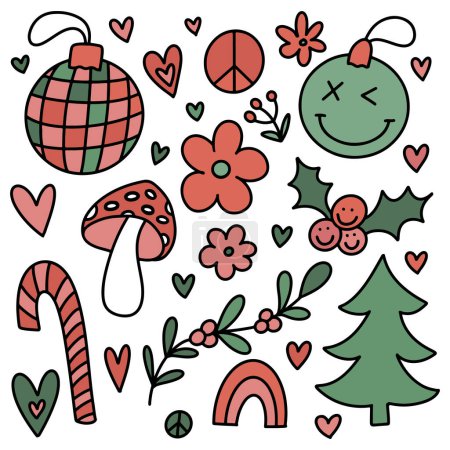 Illustration for Groovy Christmas clip art elements set. Retro 70s hippie collection of cute festive winter hand drawn doodles - xmas tree. disco ball, holly berry, mistletoe, amanita mushroom, hearts. Vector illustration isolated. - Royalty Free Image