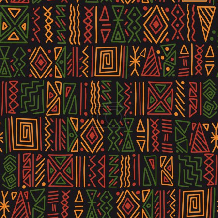 African ethnic tribal clash ornament seamless pattern background. Simple hand drawn symbols background in traditional African colors - black, red, yellow, green. Kwanzaa decorative print.
