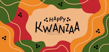 Téléchargez les illustrations : Happy Kwanzaa abstrait conception horizontale longue bannière avec aléatoire rouge vif jaune vert formes organiques, lignes bordure. Modèle vectoriel pour la célébration afro-américaine Kwanzaa aux États-Unis. - en licence libre de droit