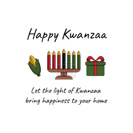 Foto de Tarjeta de felicitación minimalista Kwanzaa feliz con Kinara siete velas, maíz y caja de regalo. Mensaje de tarjeta, Deseo de Kwanzaa fiesta de herencia afroamericana. Ilustración vectorial aislada en blanco - Imagen libre de derechos
