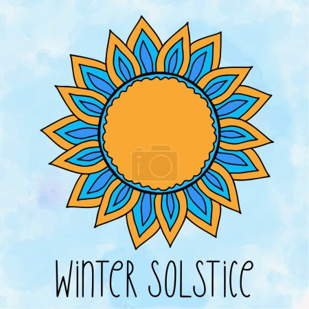 Illustration for Summer Solstice June 21. Longest day of the year. Vector illustration with stylized sun, text and watercolor textured yellow sunset sky background. banner, poster, greeting card design. - Royalty Free Image