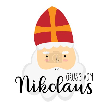 Illustration for Gruss vom Nikolaus - German Translation - greetings from nicholas. Saint Nicholas cute doodle portrait, sweet greeting card - Royalty Free Image