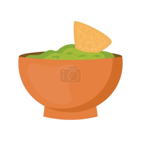 Foto de Guacamole con nachos - salsa tradicional mexicana latinoamericana hecha de aguacate. Tazón de cerámica con salsa de guacamole y chips de tortilla. Ilustración plana vectorial aislada en blanco - Imagen libre de derechos