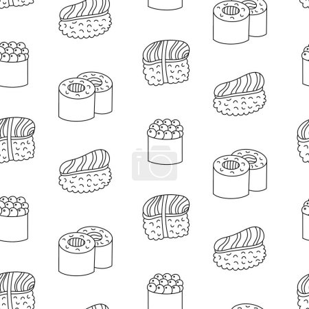 Téléchargez les illustrations : Fond de motif sans couture avec des griffes dessinées à la main sushi. Dessin de contour, Fond d'écran vectoriel ligne simple, impression, papier peint - en licence libre de droit