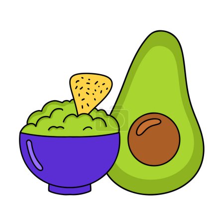 Guacamole with nachos - traditional Mexican latin american avocado sauce. Ceramic bowl with guacamole snack, tortilla chips and avocado. Vector illustration in cartoon flat style with outline