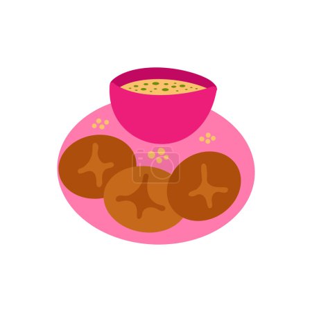 Téléchargez les illustrations : Baati de baffia pain rond indien dur avec soupe chaude dal. Simple gribouillage dessiné à la main. Dessin d'enfant. Nourriture indienne. - en licence libre de droit