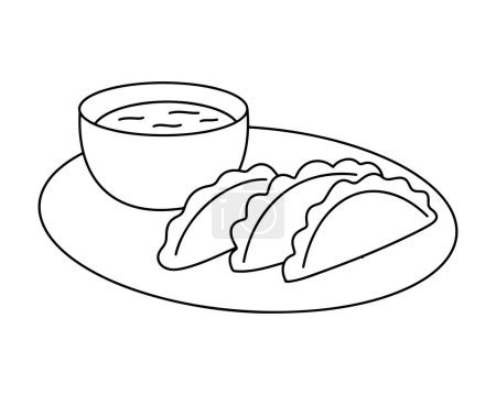 Téléchargez les illustrations : Boulettes japonaises de gyoza ou Jiaozi sur l'assiette avec sauce à tremper. Illustration vectorielle simple dessinée à la main en noir et blanc. Dessin de contour. - en licence libre de droit