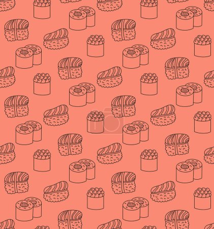 Téléchargez les illustrations : Fond de motif sans couture avec de jolis gribouillis dessinés à la main sur fond rose saumon vif. Dessin de contour, imprimé vectoriel alimentaire asiatique, papier peint, conception de texture. - en licence libre de droit