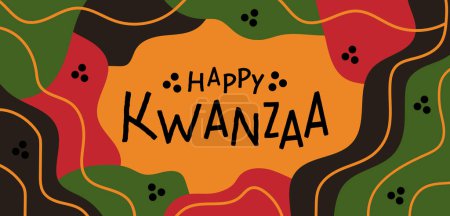 Téléchargez les illustrations : Happy Kwanzaa abstrait conception horizontale longue bannière avec aléatoire rouge vif noir vert formes organiques en couleur du drapeau panafricain, lignes frontière. Modèle vectoriel pour Kwanzaa afro-américain - en licence libre de droit