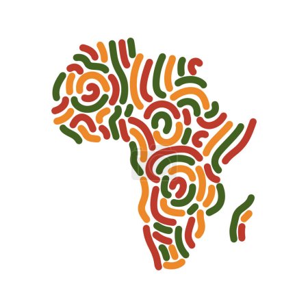 Téléchargez les illustrations : Carte d'Afrique, silhouette décorative du continent africain avec des lignes abstraites ornement en couleur du drapeau panafricain - rouge, jaune, vert. Doublure course lignes rondes lisses ornement en forme d'Afrique - en licence libre de droit