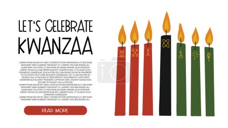 Ilustración de Banner vectorial para Kwanzaa con velas kinara - rojo, negro, verde con símbolos dibujados a mano de siete principios de Kwanza y espacio de copia para el texto. Lindo estilo dibujado a mano simple. - Imagen libre de derechos