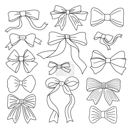 Set of different hand drawn bows ribbons. Hand drawn outline bow ties, simple minimalist vector illustration collection.