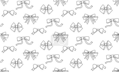 Seamless pattern background with different hand drawn bows ribbons, bow ties, simple minimalist black and white vector illustration backdrop.