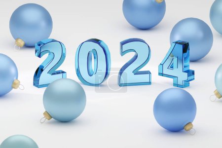 Weiches blaues Glas Weihnachtsstimmung Zeichen 2024 Auf dem grauen Hintergrund. Leerer Raum. Modernes minimales Neujahrskonzept 3D-Renderillustration