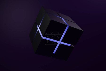 3d render of abstract 3d glowing purple cube wireframe cage around on dark purple background front view