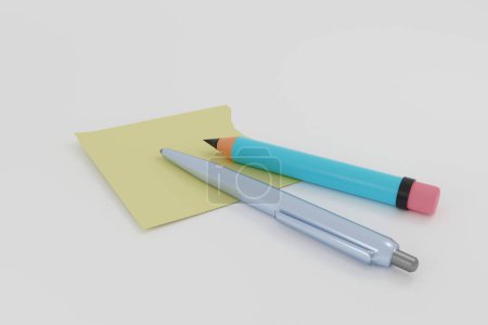 Téléchargez les photos : Illustration 3D des fournitures scolaires assorties crayon bleu et stylo sur fond clair vue de face - en image libre de droit