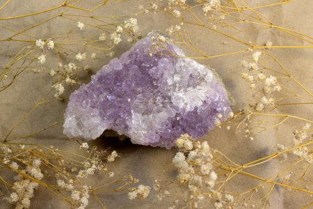 Photo for Set of various amethyst natural mineral stones and gemstones on grey background top view - Royalty Free Image