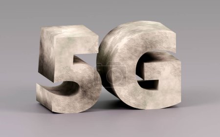 Foto de Inscripción de hormigón 5g en podio gris, luz suave, vista frontal fondo liso, representación 3d - Imagen libre de derechos