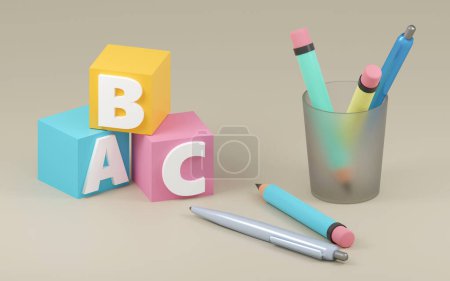 Téléchargez les photos : Illustration 3D des fournitures scolaires assorties crayon bleu et stylo en verre sur fond gris - en image libre de droit