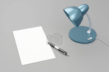 Téléchargez les photos : Illustration 3D des fournitures scolaires stylo noir, lampe de bureau en papier vierge sur fond gris - en image libre de droit