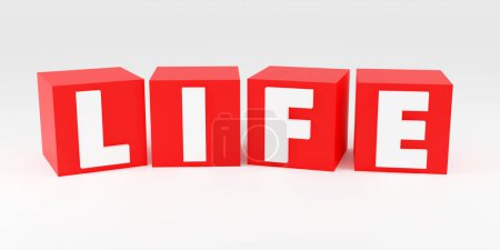 3d render sign life on red cubes and light background. Simple minimalism concept. Simple minimalism concept, 3d illustration
