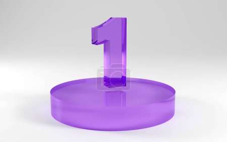 Simple 3D Illustration of a glass Purple Number One on a Podium on a light Background