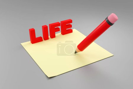 Foto de Ilustración 3D simple de una libreta amarilla con un lápiz rojo y la vida de la palabra escrita en ella vista frontal - Imagen libre de derechos